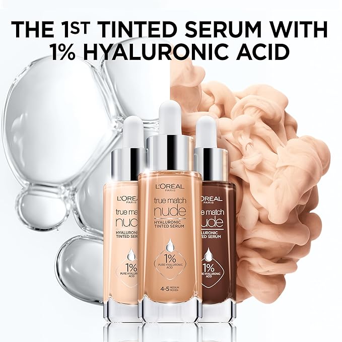 L'Oreal Paris True Match Nude Hyaluronic Tinted Serum Foundation with 1% Hyaluronic acid, Rosy Light 1-2.5, 1 fl. oz.