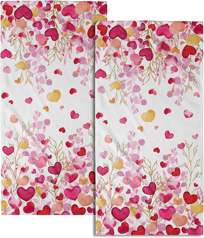 Giwawa Pink Heart Hand Towels Set of 2 Romantic Love Soft Absorbent Decorative Hand Bath Towels Kitchen Dish Towels for Bathroom Sports Yoga Home