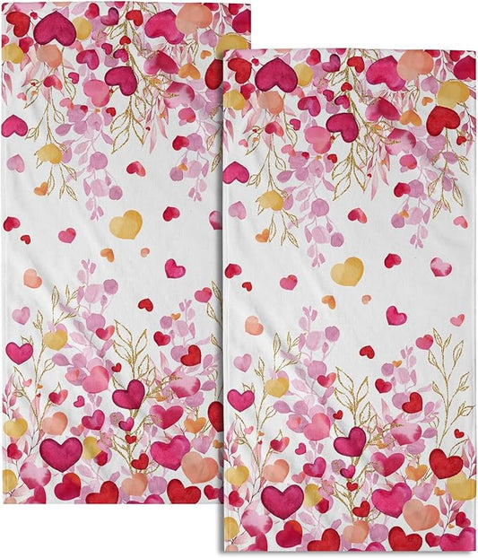 Giwawa Pink Heart Hand Towels Set of 2 Romantic Love Soft Absorbent Decorative Hand Bath Towels Kitchen Dish Towels for Bathroom Sports Yoga Home