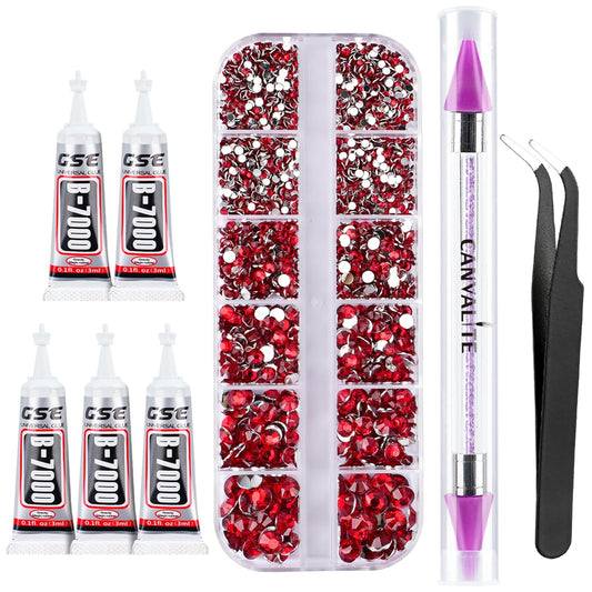 Canvalite 2784PCS Red Rhinestones Flat Back Gems, Nail Rhinestones Gems with 5Pcs Jewelry Glues, Pick Up Tweezers and Diamonds Picker Dotting Pen, Tools for Nail Art, Clothes, Face, Crafts