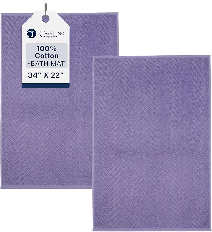 Casa Lino 100% Cotton Bath Mat Set of 2 (NOT A Rug) - 34" x 22" Bathroom Floor Towels - Machine Washable, Soft, Highly Absorbent & Quick Dry Bath Floor Towel (Lavender)