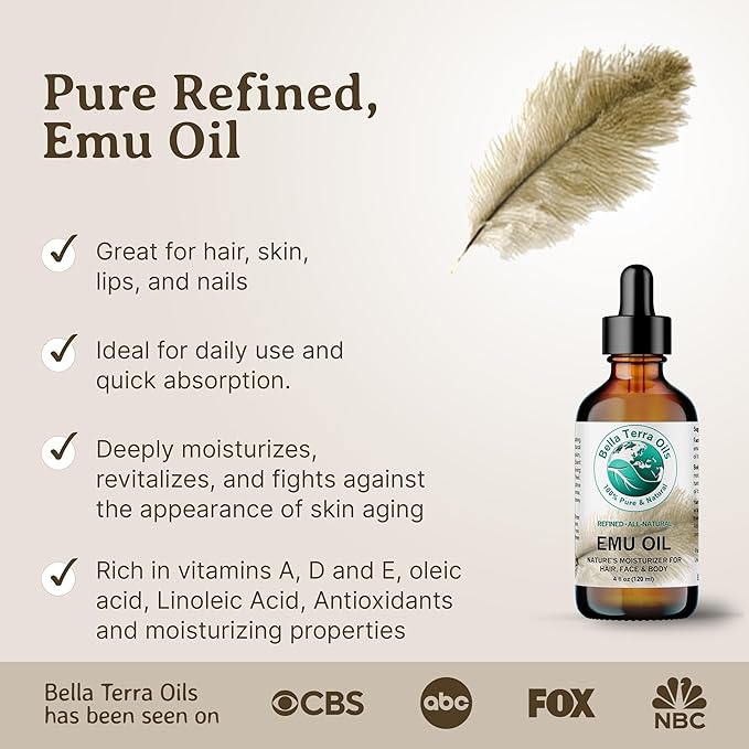 Bella Terra Oils - Emu Oil 4 oz - Genuine Pure Australian Emu, Infused with Linoleic & Oleic Acid, Perfect Companion for Lustrous Skin