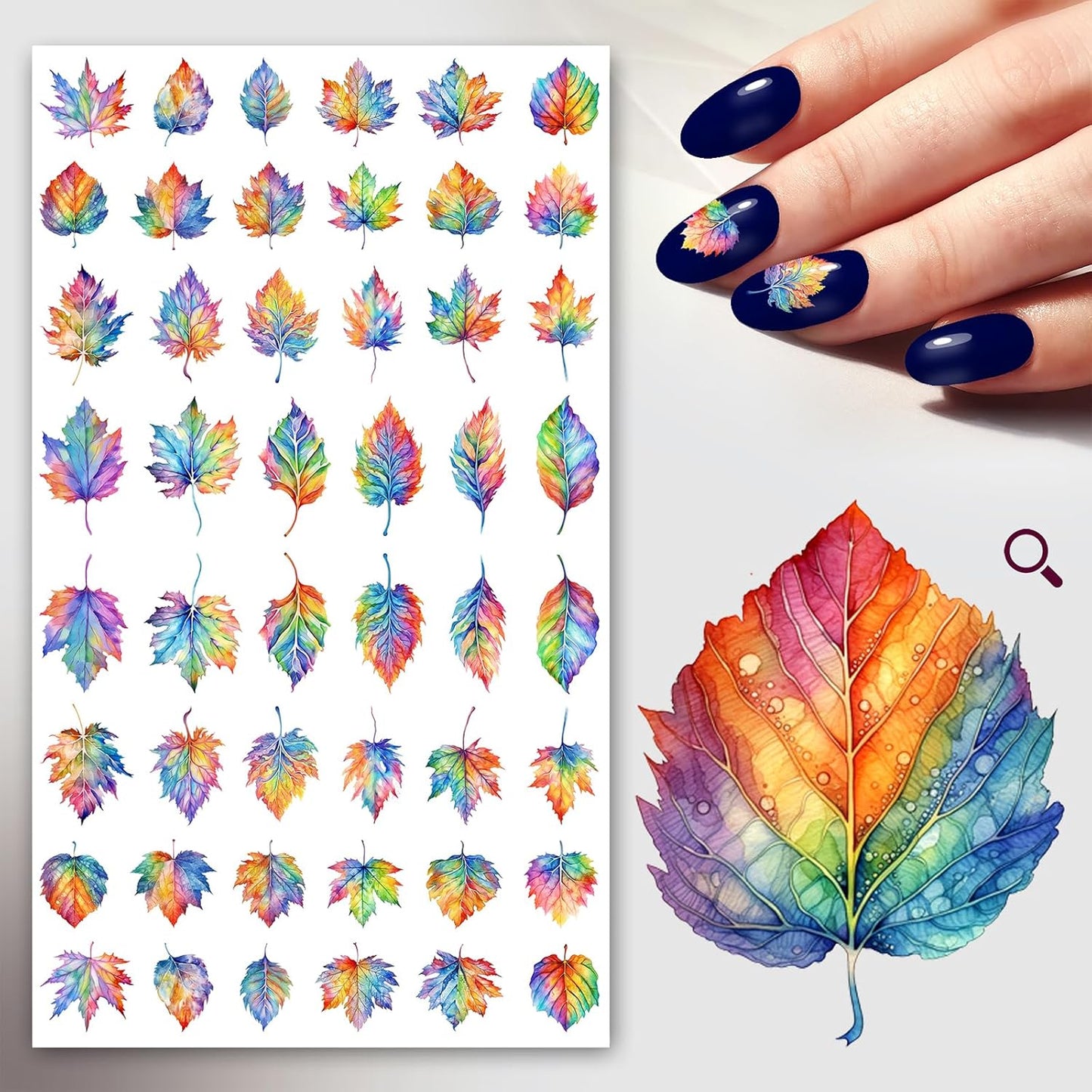 Nail Stickers Decals (5 Sheets) FLONZNAIL Gorgeous Watercolour Rainbow Leaves Vintage Styled Nail Decor