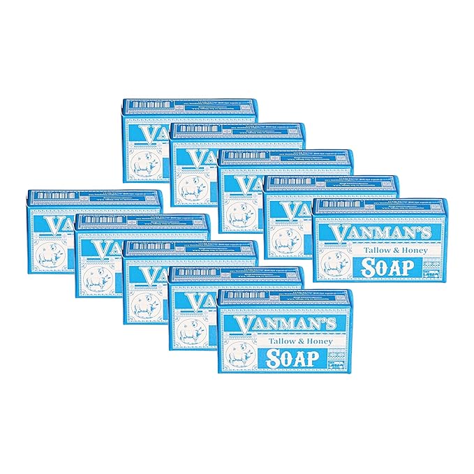 VanMan Beef Tallow and Honey Bar Soap – Pure Grass-Fed Beef Tallow for Skin with Raw Honey & Distilled Water, Unscented Soap, Hydrating & Nourishing, Clean Ingredients, 3.8oz - 10 Pack