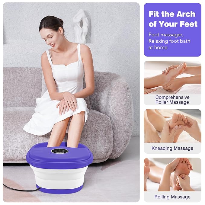 Collapsible Foot Spa with Heat, Remote Control, Temperature Control, Bubbles, Pumice Stone, Red Light, Timer, 16 Massage Roller Pedicure Foot Bath Tub Foot Soaker for Feet Stress Relief, Purple