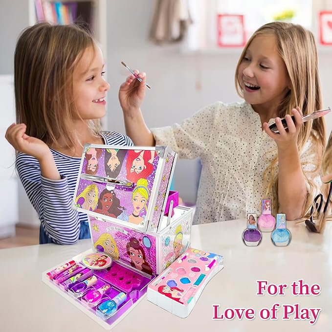 Disney Princess Train Case Girls Beauty Set, Kids Makeup Kit for Girls, Real Washable Toy Makeup Set, Play Makeup, Pretend Play, Party Favor, Birthday, Toys Ages 3 4 5 6 7 8 9 10 11 12