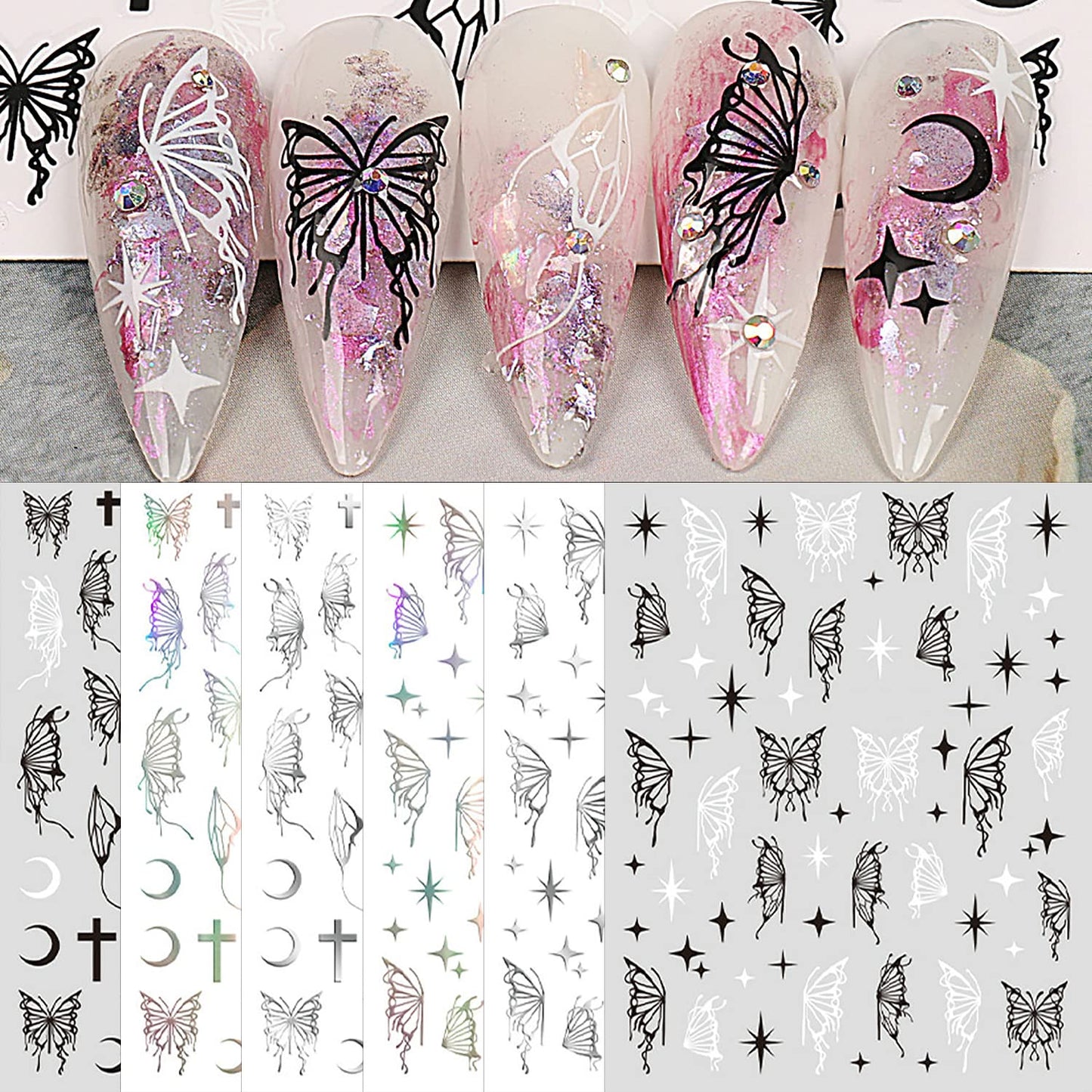 SILPECWEE 6 Sheets Butterfly Nail Stickers - 3D Nail Art Decals, Metallic Silver Aurora Retro Designs, Self-Adhesive Manicure Stickers