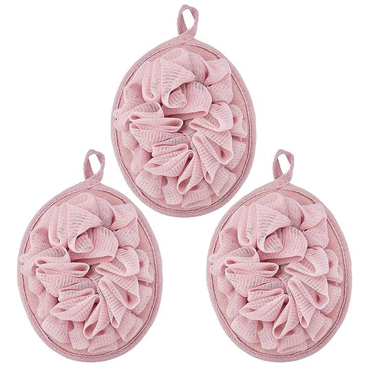 Boao Bath Shower Pouf Sponge Mesh Pouf Shower Ball Exfoliating Body Sponge Pad Scrubber Glove with Flower Bath Ball (3 Pcs,Pink)