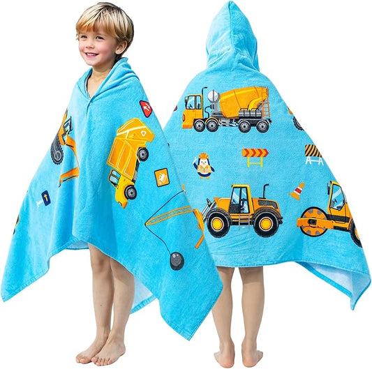 Gealaek 100% Cotton Hooded Towel for Toddlers 5-12 Years Boys Girls 60"x30" Extra Large Wearable Wrap Kids Bath Pool Beach Towel Soft Absorbent Beach Poncho(Construction Site XL)