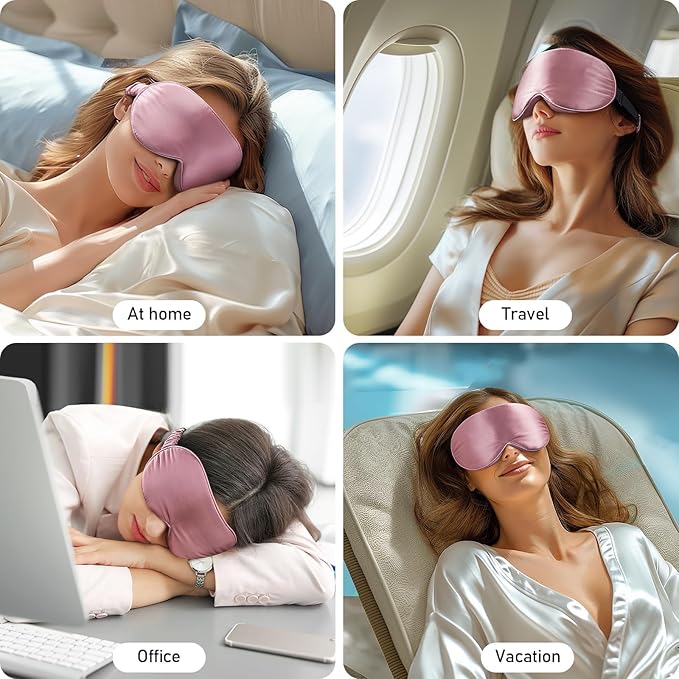 LitBear 100% 22 Momme Mulberry Silk Sleep Mask - 3D Contoured Eye Mask for Men Women, Soft Breathable Sleeping Mask with Adjustable Strap, Perfect Blocks Light for Sleeping (Bean Pink)