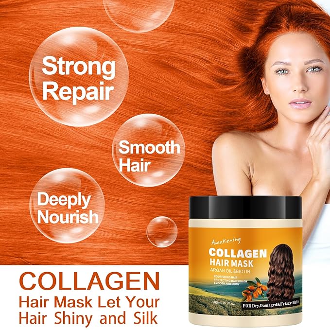 Hair Mask Deep Treatment Conditioner Collagen Protein Argan Oil Biotin Repair For Dry Damaged Frizzy Curly All Hair Types(16.9 Fl Oz/500ml) (collagen)
