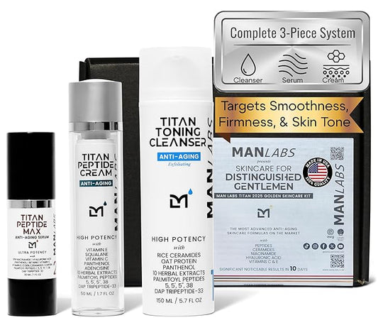 Titan Golden Anti-Aging Mens Skin Care Kit – Wash, Face Serum, Mens Face Moisturizer – Men, Skin Care Set – Dark Spots, Wrinkles, Fine Lines – Vitamin C, Peptides, Niacinamide, HA – Unscented