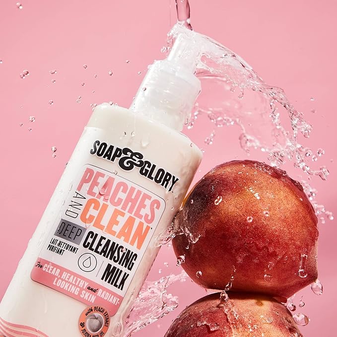 Soap & Glory Peaches & Clean Deep Cleansing Milk - 4 in 1 Milk Cleanser & Makeup Remover with Peach Extract, Ginseng & Jojoba Oil - Hydrating Facial Cleanser for Clarified & Energized Skin (350ml)