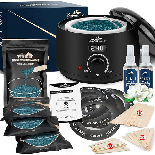 Lifestance Waxing Kit for Women & Men - L2 Digital Wax Pot Warmer, Brazilian & Bikini Hair Removal Kit with 14.1oz Hard Wax Beads & 42 Accessories, Professional for Face, Leg, Eyebrow, Body at Home