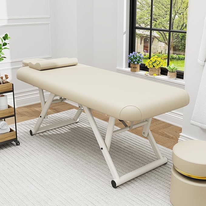 Dolonm Height Adjustable Massage Table with Face Pillow & Headrest for Treatment Table, Physical Therapy Table, Spa Facial Professional Massage Bed - Fixed Backrest, Beige Gray