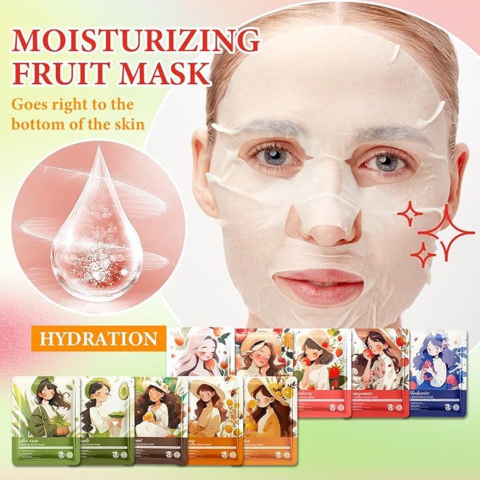 10 Pack Variety Facial Sheet Masks Skin Care Set, Hydrating Bulk Sheet Face Masks Skincare Gifts Set for Women Men, Long Lasting Moisturizing Face Mask Skincare for All Skin Type（02)