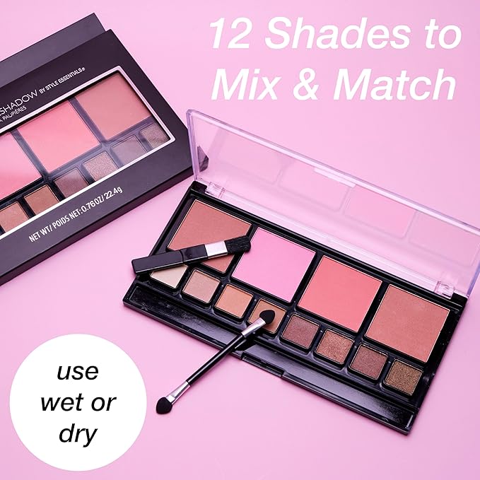 Women's Cosmetics NATURAL BEAUTY Blush and Eyeshadow Palette - 12 Shades Shimmer and Matte Finishes
