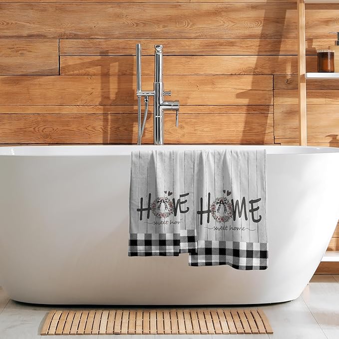Giwawa Home Sweet Home Hand Towels Set of 2 Buffalo Check Absorbent Small Bath Towels Decorative Kitchen Guest Dish Towel for Spa Hotel