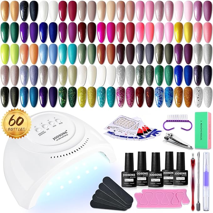 JODSONE 60 PCS Gel Nail Polish Starter Kit With U V Light 55 Kinds Of Color Glitter Gel Polish No Wipe Base And Glossy Matte Top Coat Easy To Apply