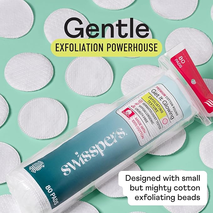 Swisspers Premium Exfoliating Rounds, 2 Distinct Raised Textured Surface, Cotton Facial Pads, 80 Count Re-closable Bag