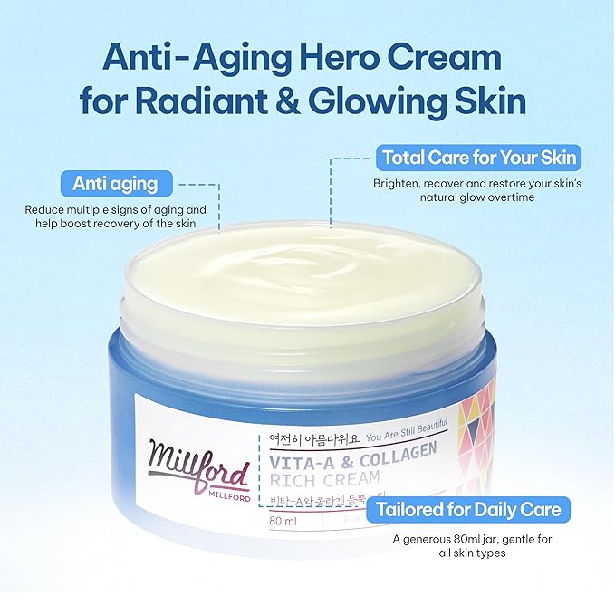 Vita A & Collagen Rich Cream 80ml/2.7 Oz, Fish/Marine Collagen, Face Cream, Anti Aging, Facial Moisturizer, Wrinkes, Fine Lines, Retinyl Palmitate, Korean Skincare