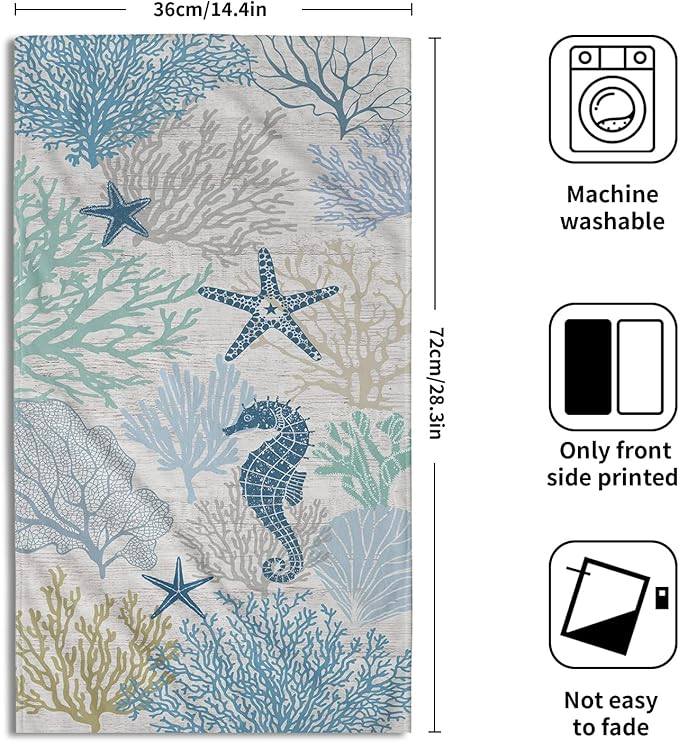 Giwawa Blue Coral Hand Towels Set of 2 Sea Horse Decorative Bathroom Towels Super Soft Absorbent Towels for Yoga Gym Spa Kitchen 28x14 Inch