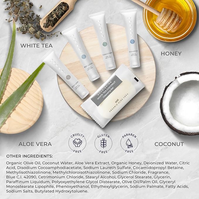 Infuse Amenity Kit | Hotel Bulk Toiletries | 1 oz Shampoo, Conditioner, Lotion, Body Wash, Cleansing Bar Soap for Guest Hospitality Vacation Rentals | 1 Set/Case
