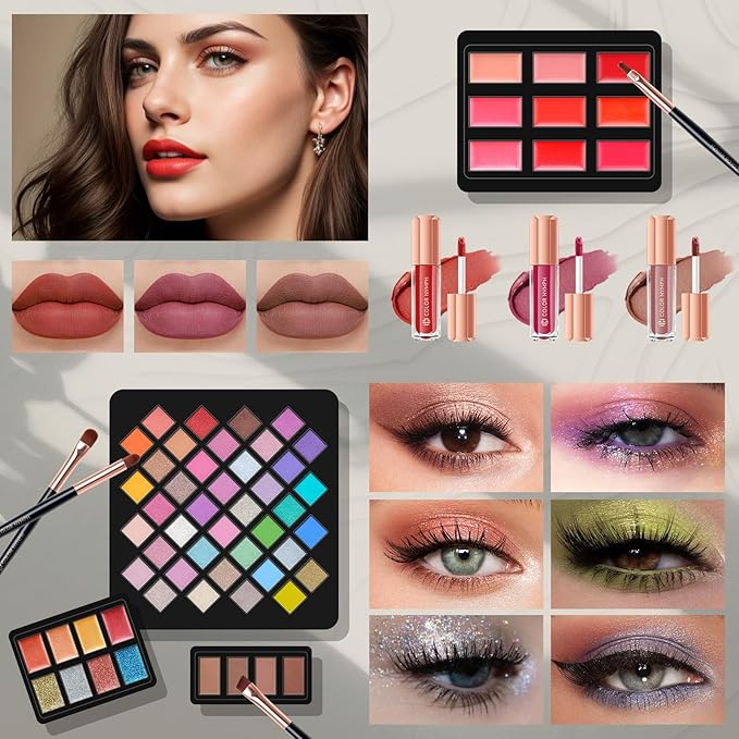 Makeup Kit for Women,All in One Makeup Gift Set for Girls in Cosmetic Train Case (Black) With Mirror,Full Cosmetic Kit Includes Eyeshadow Palette,Lipgloss,Blushes,Pencil,Brush Applicators