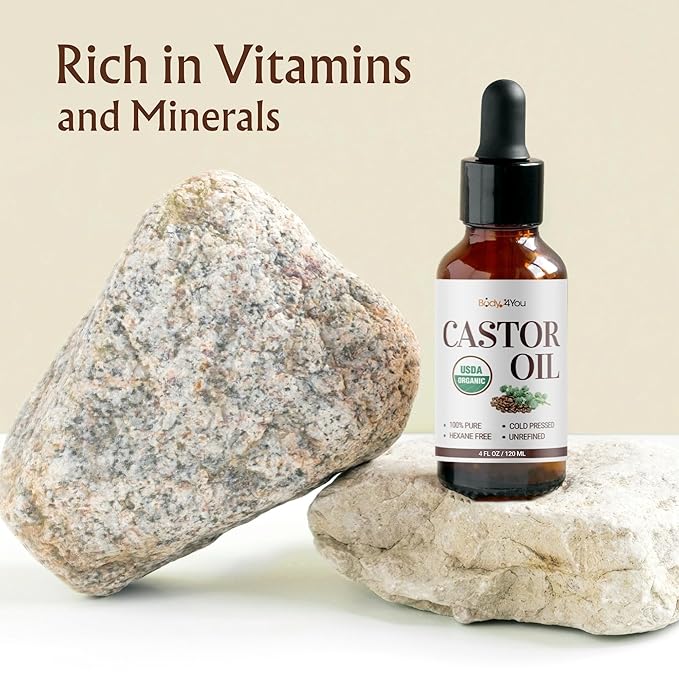 Organic Castor Oil (4oz) - 100% Pure Natural Cold-Pressed Hexane-Free USDA Certified - Glass Bottle - Hair Growth Oil for Scalp Eyelashes Face Skin - Dry Skin Moisturizer Natural Hair Care