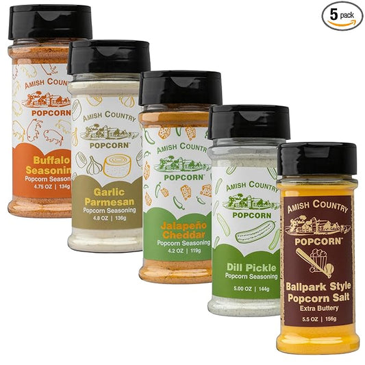 Amish Country Popcorn | 5 Pack Seasoning Bundle | Buffalo, Garlic Parmesan, Jalepeno Cheddar, Dill Pickle, BallPark Buttersalt | Old Fashioned, Non-GMO and Gluten Free
