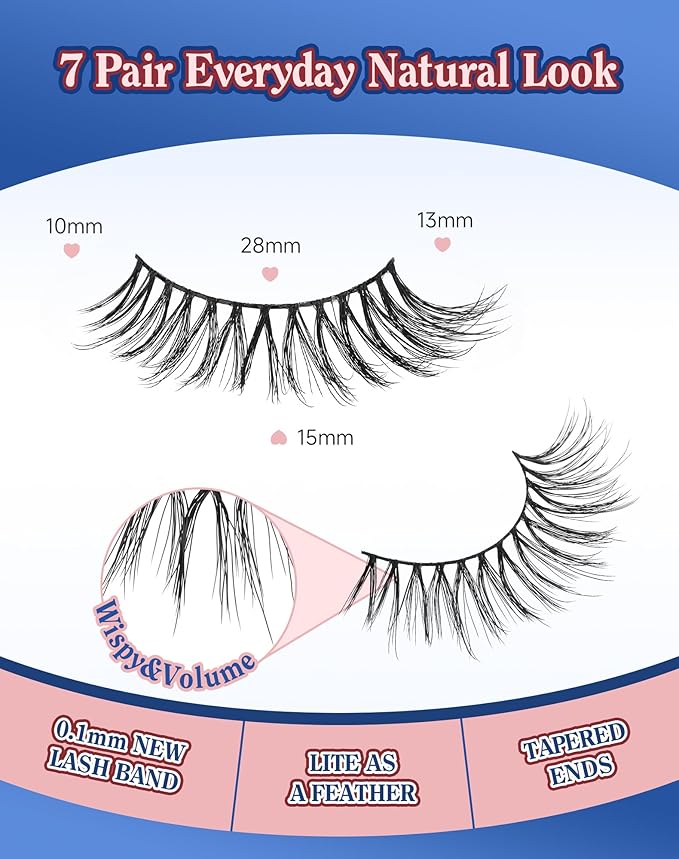 Wispy Lashes Natural Look Flared Strip False Eyelashes Round Eye Lash Soft False Mink Eyelash Fluffy Pack 7 Pairs 15MM D80