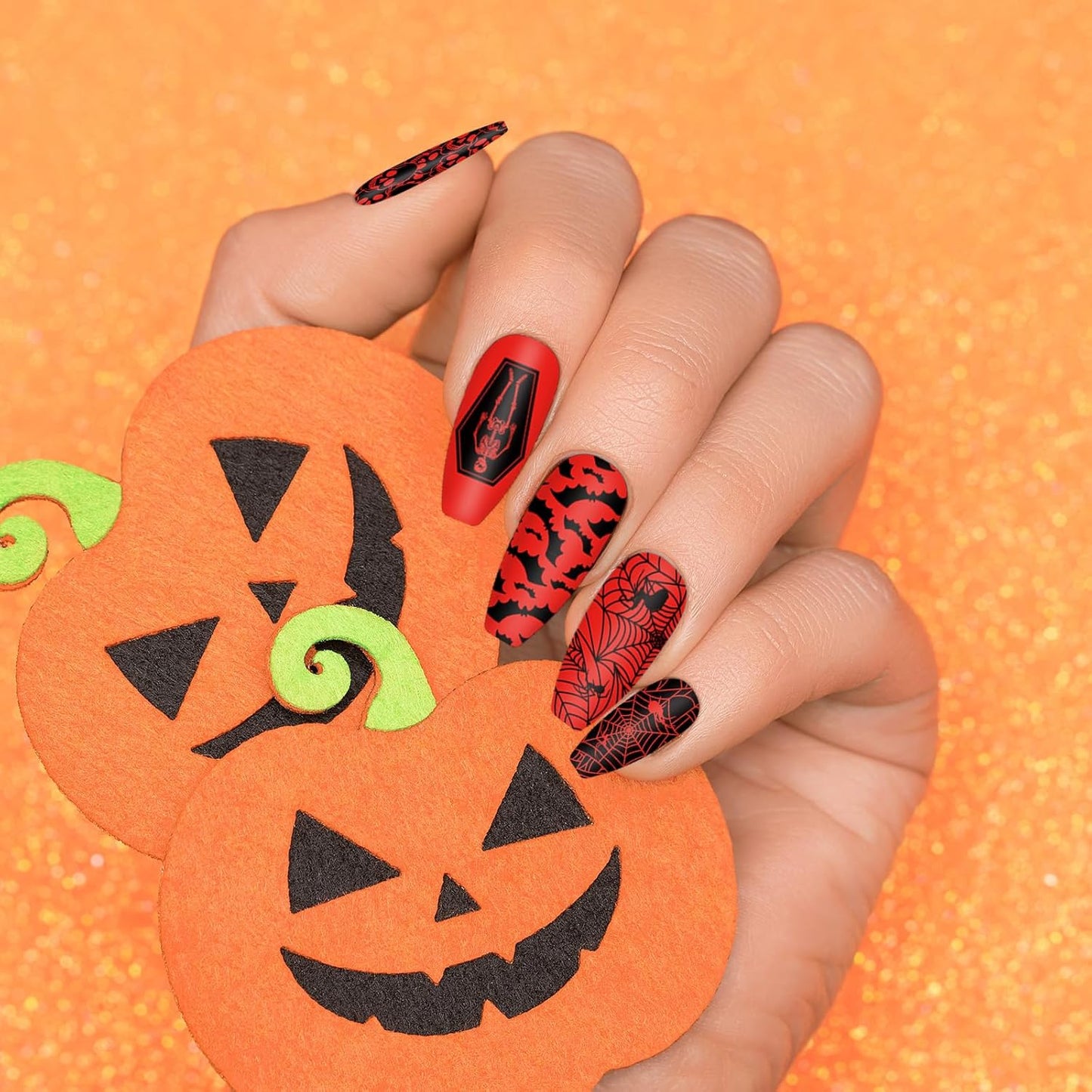 2Pcs Halloween Nail Art Stamping Plate Kit Skull Bat Witch Pumpkin Design Nail Art Plate for Holiday DIY Print Manicure Salon