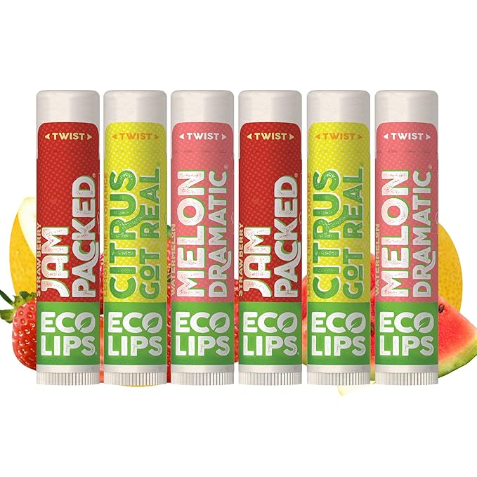 Eco Lips Freshly Squeezed Organic Fruit Lip Balms - Citrus Got Real (Lemon/Lime), Melondramatic (Watermelon), Jam Packed (Strawberry) Plastic-Free Plant Pod 6-pack by Eco Lips 100% Natural.