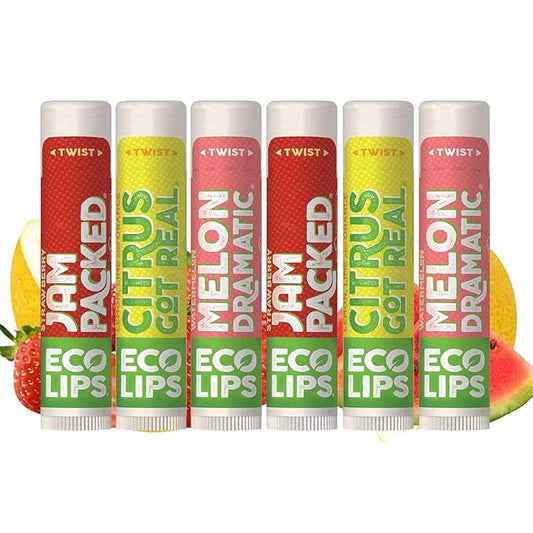 Eco Lips Freshly Squeezed Organic Fruit Lip Balms - Citrus Got Real (Lemon/Lime), Melondramatic (Watermelon), Jam Packed (Strawberry) Plastic-Free Plant Pod 6-pack by Eco Lips 100% Natural.