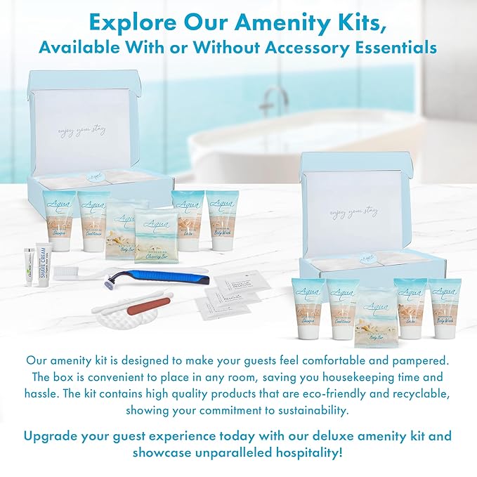 1-Shoppe All-In-Kit|Aqua Organics Amenity Kit|Boxed Hotel Toiletries|Bulk Set 1oz Travel Size Shampoo,Conditioner,Lotion,Body Wash & Bar Soap for Guest Hospitality AirBnB/Vacation Rentals|5 Pieces