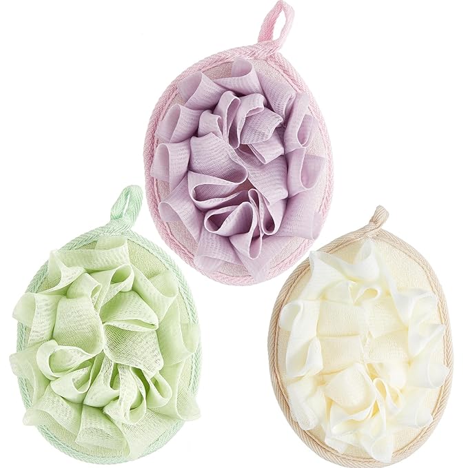 Boao 3 Pcs Bath Shower Pouf Sponge Mesh Pouf Shower Ball Exfoliating Body Sponge Pad Scrubber Glove with Flower Bath Ball (Beige,Green,Purple)