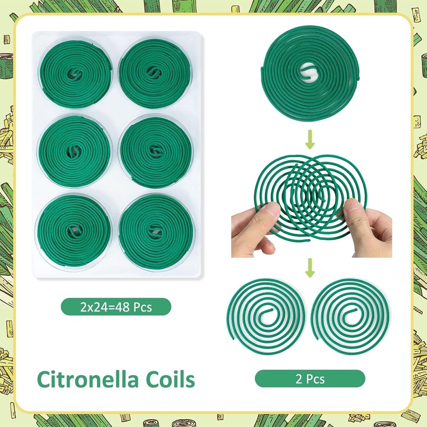 DERDUFT Incense Coils, Citronella Incense Coil for Summer, Citronella Fragrance Spiral for Outdoor & Indoor, Set of 48 Lemongrass with Holder for Outside Activities