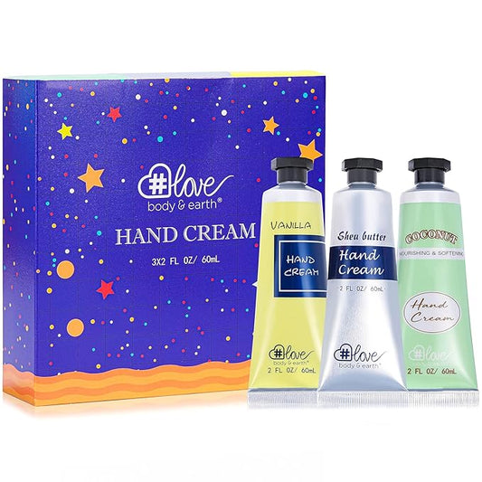 BODY & EARTH # LOVE Hand Cream Gift Set, Mothers Day Gifts for Mom Gifts, Natural Hand Cream with Vitamin E and Argan Oil for Dry Hands, 3x2.0 oz Travel Size Hand Lotion, Birthday Gifts for Women