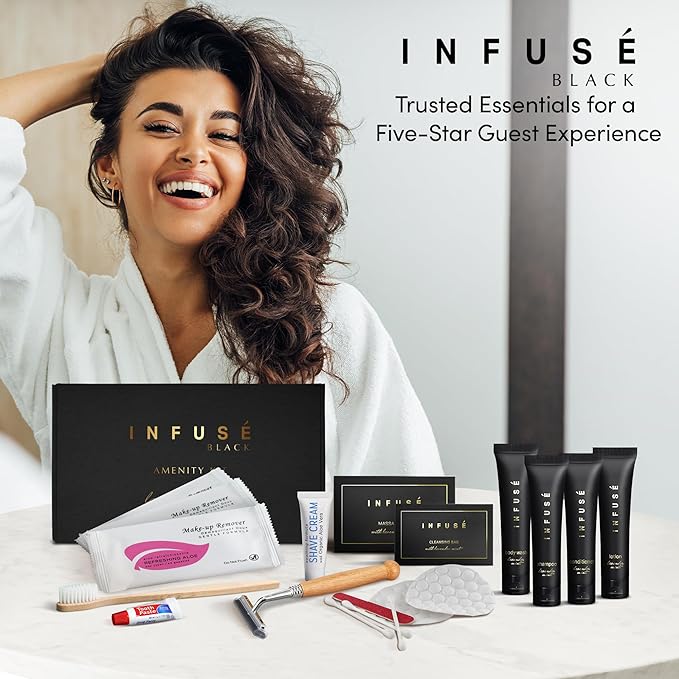 Infuse Black Amenity & Accessory Kit | 1 oz Travel Size Shampoo, Conditioner, Lotion, Body Wash, Body Bar, 2 Cleansing Bar, Shave & Dental Sets, Make-Up Remover Wipes, & Vanity Kit | 1 set per case