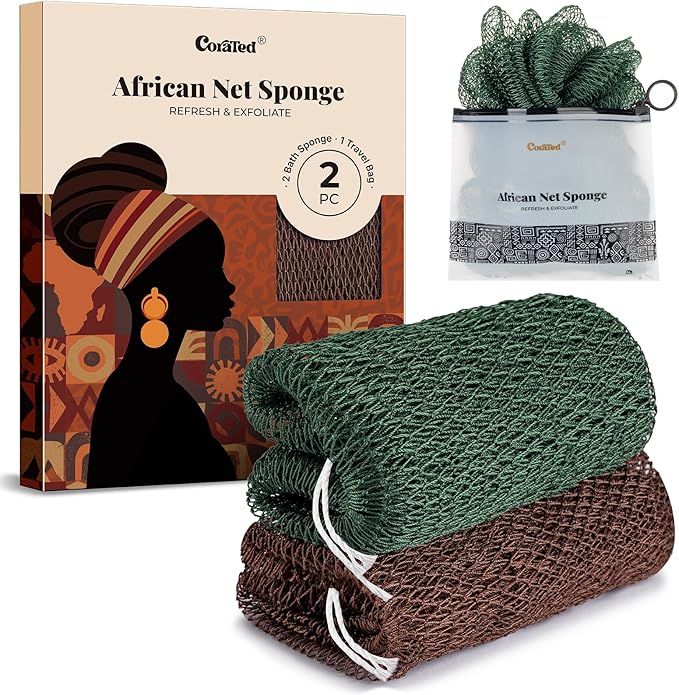 CORATED African Net Sponge Authentic, Shower Loofah Exfoliating Bath Sponge, Body Scrubber for Women and Men Daily Use Body Care, Travel Portable Bath Accessories for Bathroom (Brown & Dark Green)
