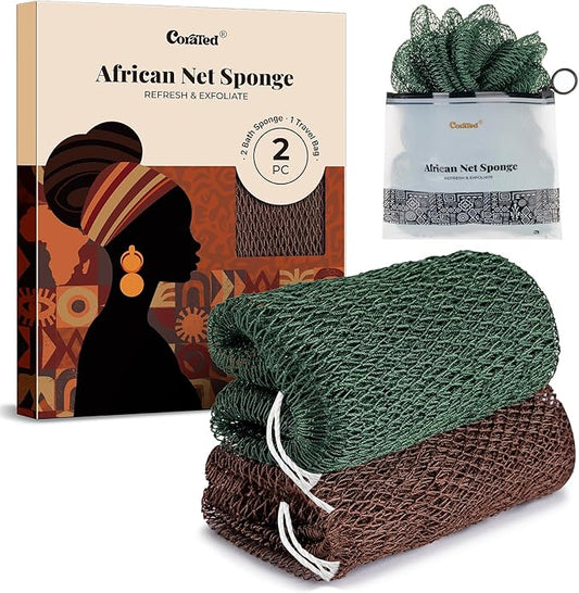 CORATED African Net Sponge Authentic, Shower Loofah Exfoliating Bath Sponge, Body Scrubber for Women and Men Daily Use Body Care, Travel Portable Bath Accessories for Bathroom (Brown & Dark Green)