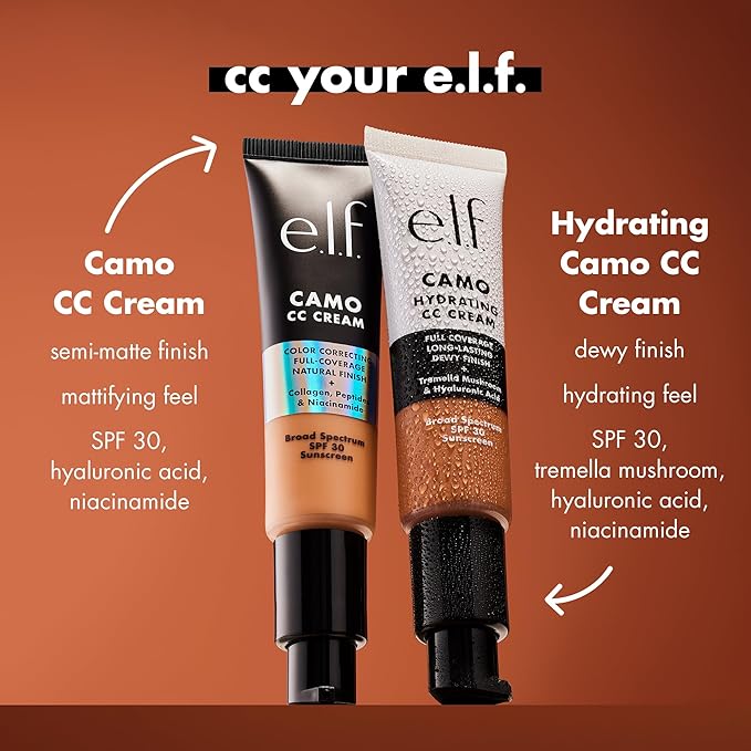 e.l.f. Hydrating Camo CC Cream, SPF 30, Color Correcting Full Coverage Foundation For A Dewy Finish, Vegan & Cruelty-Free, Tan 450 N
