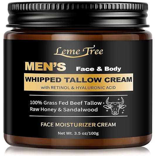 Men's Beef Tallow for Skin, Whipped Grass-Fed Beef Tallow Face Cream, Tallow Balm with Anti-Aging Retinol & Hyaluronic Acid, Mens Skin Care Face Moisturizer, Reduces Wrinkles & Lines, Sandalwood, 3 OZ