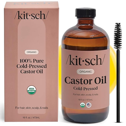 Kitsch Organic Castor Oil for Hair Growth - 100% Pure Castor Oil, Organic Cold Pressed Unrefined Glass Bottle for Face, Skin, Lashes, Brows, Scalp, Nails & Belly Button - Hexane Free, USDA - 16 oz