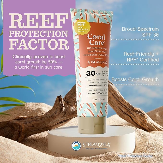 Stream2Sea Coral Care - Reef Safer Sunscreen SPF 30 Travel Size - First Reef-Approved Natural Mineral Sun block Boosts Coral Growth Water resistant- Non-Toxic, Biodegradable, Eco-Friendly - 2 Pack