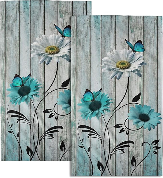 Giwawa Teal Floral Hand Towels Set of 2 Rustic Daisy Fingertip Towel Soft Absorbent Guest Bath Towel Kitchen Dish Towel for Spa Home Bathroom