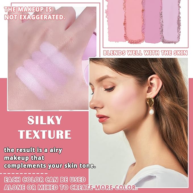 4 Colors Blush Palette for Cheeks,Face Matte Contour Blush Makeup Palette,Buildable Shimmer Facial Cheek Blusher Shades,Blendable Cosmetic Makeup Blush with Blush Brush 02