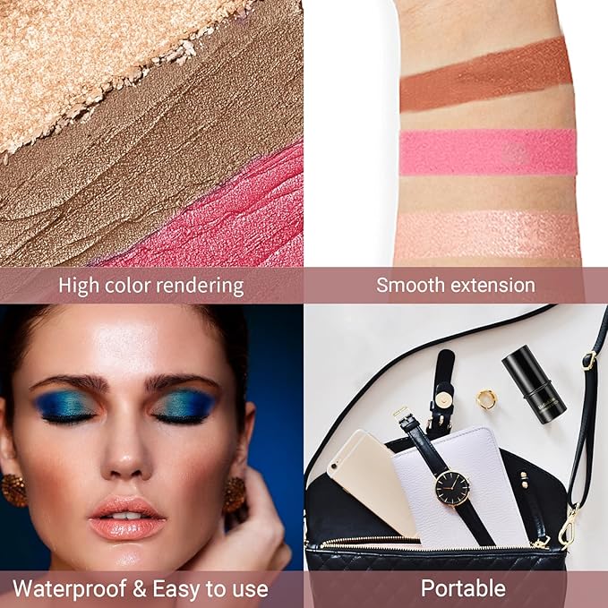 3Pcs Cream Contour Stick, with Highlighter Stick Bronzer Stick Blush Stick, Face Contour Stick Highlighter Makeup with Makeup Brush and Sponge for Sculpt the Cheeks, Long Lasting, Waterproof