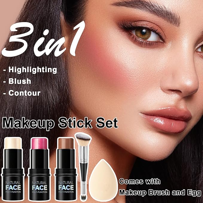 3Pcs Cream Contour Stick Makeup Kit, Shades with Highlighter Stick, Blush Stick and Bronzer Contour Stick for Sculpt the Cheeks, Long Lasting, Waterproof, Matte & Dewy Finish (LIGHT)