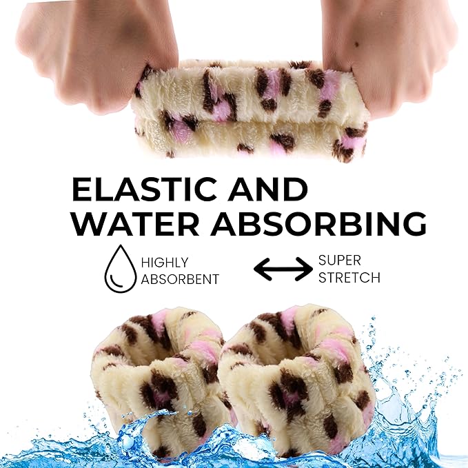 Spa Headband Wrist Band for washing face set Sponge Makeup Skincare Headband Wrist Towels Bubble Soft Terry Towel Cloth Hairband for Women Puffy Headwear Non Slip Thick Thin Hair Headwear (Leopard)